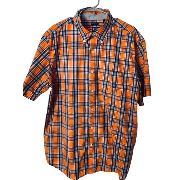 Chaps Men’s XXL Orange Navy Plaid Button-Down Shirt Short Sleeve Easy Care - Picture 1 of 9